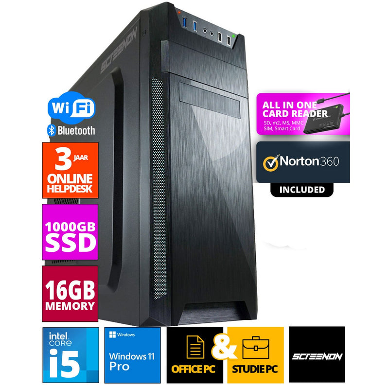 Intel Office PC - Intel Core i5 - 1TB NVMe SSD - 16GB RAM - RTX 3050 - Inclusief Norton 360 & USB SD Card Reader + WiFi & Bluetooth