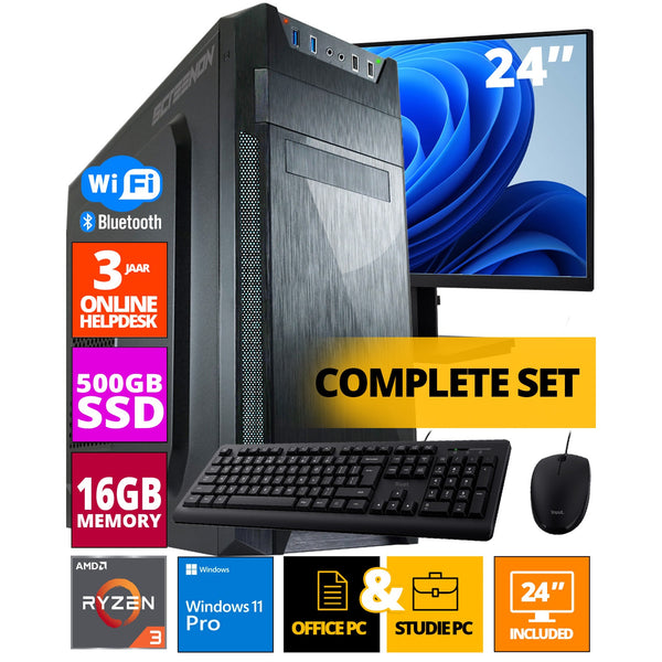 Conjunto de PC para escritório de orçamento - Ryzen 3 - 500 GB NVME SSD - 16GB RAM - RADEON VEGA 8 (Monitor de 24 polegadas | Mouse | Teclado | incluindo Office Professional Plus 2021)
