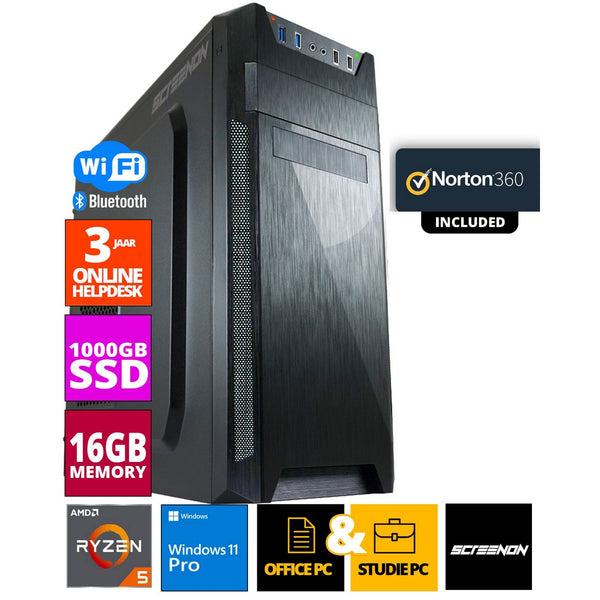 ScreenON - Ryzen 5 - 1TB M.2 SSD - 16GB RAM - RTX 2060/3050/3060 - Allround Office PC - Inclusief Norton 360 + WiFi & Bluetooth