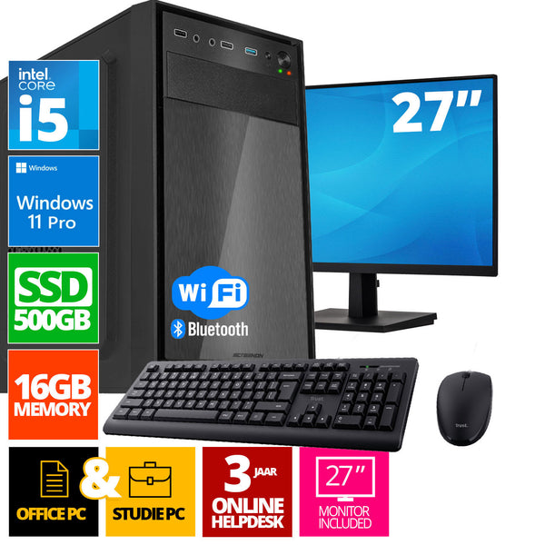 Intel Compleet PC SET | Intel Core i5 | 16 GB DDR4 | 500 GB SSD + 27 Inch Monitor + Muis + Toetsenbord | Windows 11 Pro + WiFi & Bluetooth