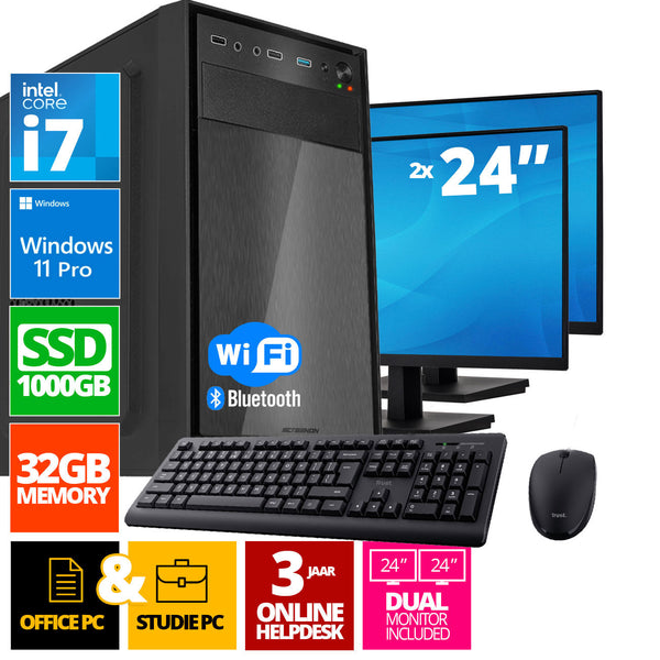 Conjunto completo de PCs Intel | Intel Core i7 | 32 GB DDR4 | 1 TB SSD - NVME + 2 x monitor de 24 polegadas + mouse + teclado | Windows 11 Pro