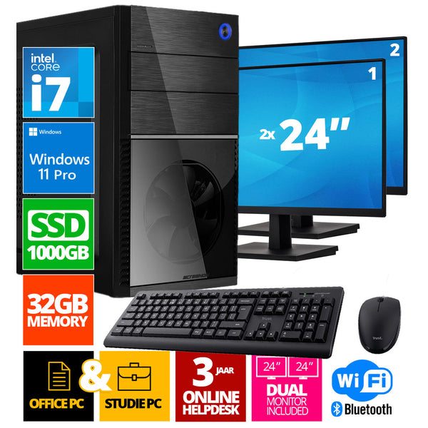 Intel PC + 2 x 24 "Monitor + mouse e teclado | Intel Core i7 | 32 GB DDR4 | 1 TB SSD - NVME | RTX 3050 | Windows 11 Pro