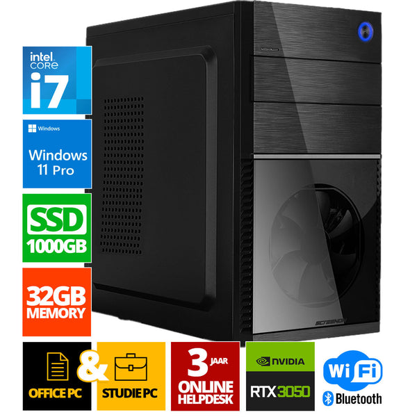 Intel Compleet PC | Intel Core i7 | 32 GB DDR4 | 1 TB SSD | RTX 3050 | Windows 11 Pro + WiFi & Bluetooth