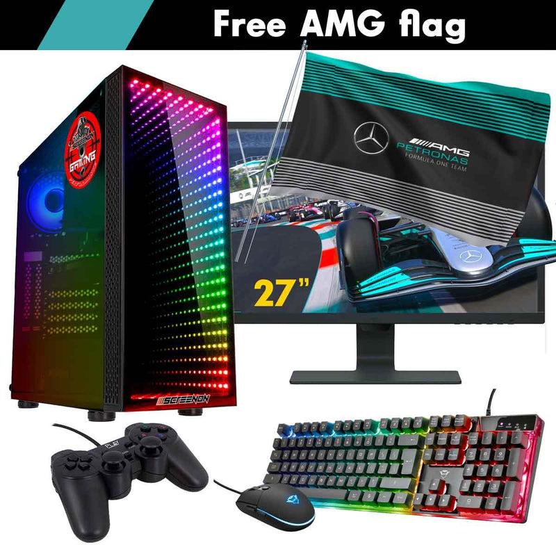 ScreenON - Racing Gaming Set + AMG Flag - F3526527 - (GamePC.F15065 + 27 Inch Monitor + Toetsenbord + Muis + Controller + Gratis AMG Flag) - ScreenOn